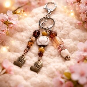 Elegant Glass Beaded Keychain Bag Charm with Heart Charms Amber